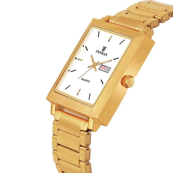 Tenmax Quartz 553 Day Date White Dial Gold Analog Watch For Men
