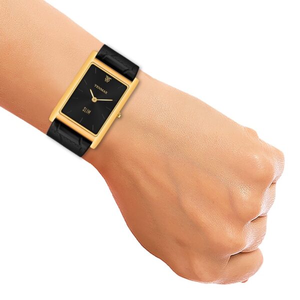 Tenmax Slim 529 Black Dial Black Leather Luxury All Steel Gold analog Watch for Men