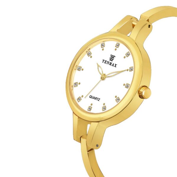Tenmax Aura Bangle Quartz S1009 White Dial Gold Metal Strap Analog Watch For Women
