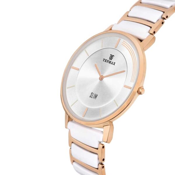 Tenmax Ceramic Slim 6119 Silver Dial Rose Gold Tone Luxury analog Watch for Men