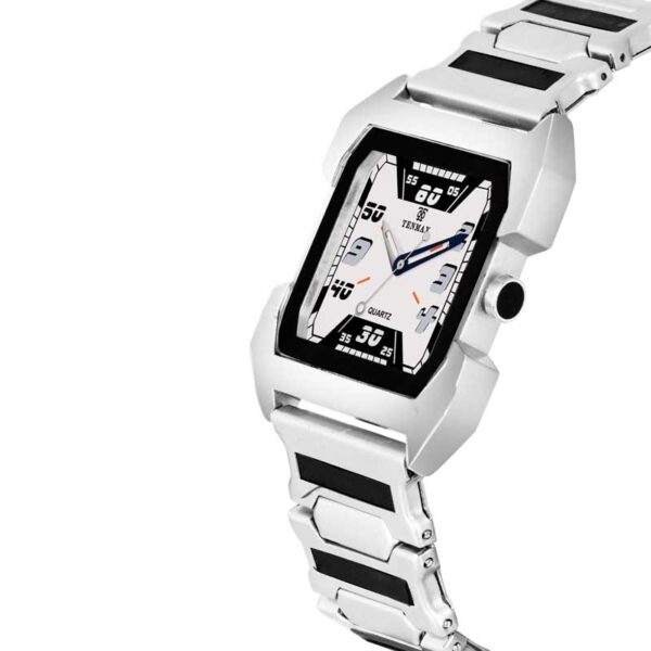 Tenmax Quarts 1474 Plain White Dial Black Mirror Metal Strap Analog Watch For Men