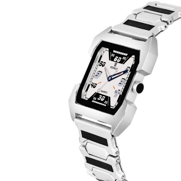 Tenmax Quarts 1474 Plain White Dial Black Mirror Metal Strap Analog Watch For Men