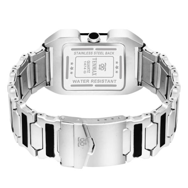 Tenmax Quarts 1474 Plain White Dial Black Mirror Metal Strap Analog Watch For Men