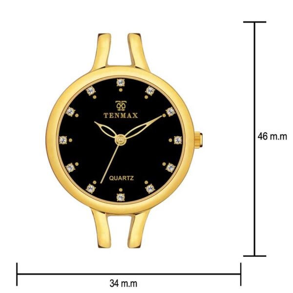 Tenmax Aura Bangle Quartz S1009 Black Dial Gold Metal Strap Analog Watch For Women