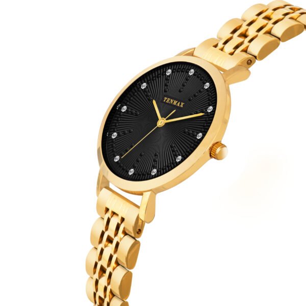 Tenmax Aura Gold Collection Quartz D1043 Elegant Black Dial Analog Gold Watch For Women