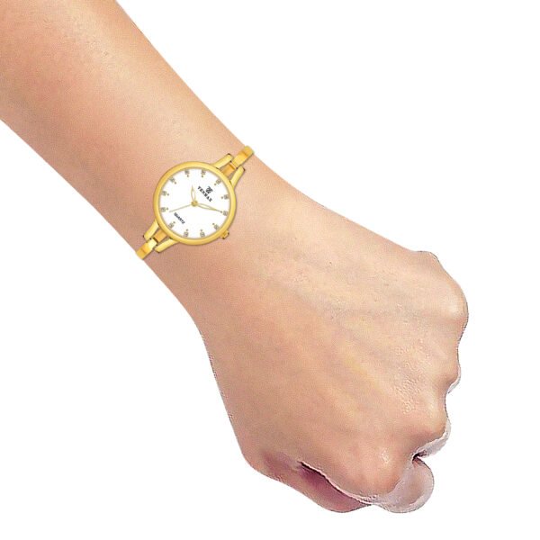 Tenmax Aura Bangle Quartz S1009 White Dial Gold Metal Strap Analog Watch For Women