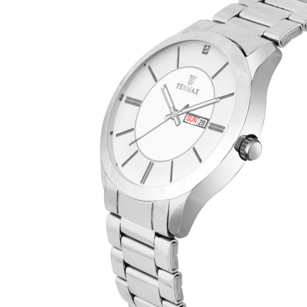 Tenmax SteelFusion Quartz 1165 Day Date White Dial Steel Analog Watch For Boys