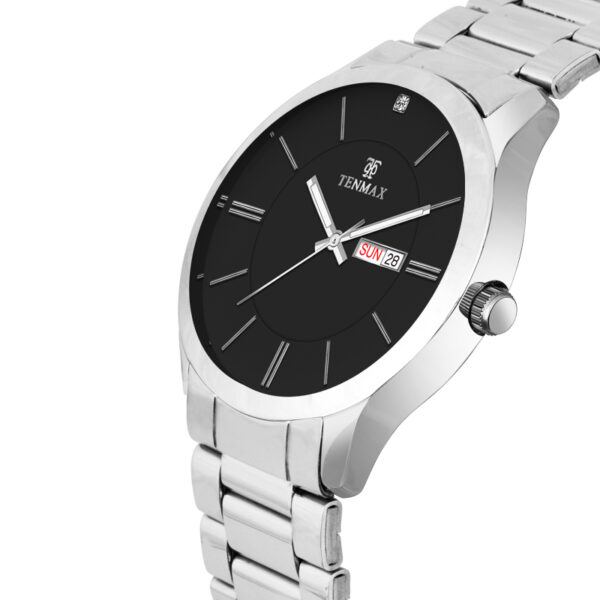 Tenmax SteelFusion Quartz 1165 Day Date Black Dial Steel Analog Watch For Boys