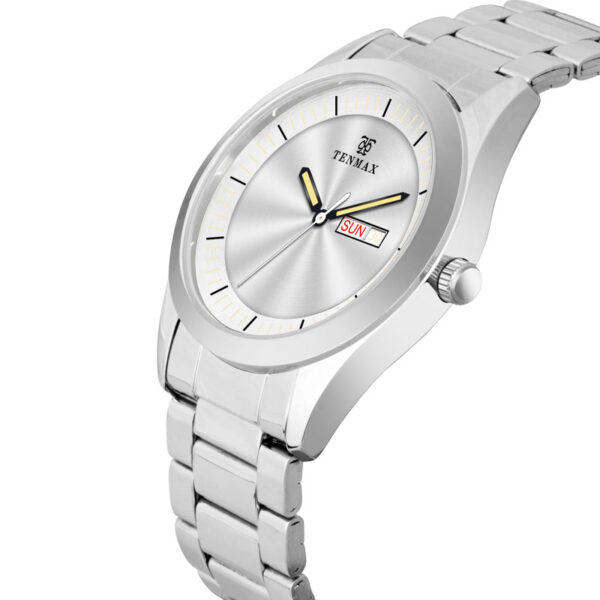 Tenmax SteelFusion Quartz 1237 Day Date Silver Dial Steel Analog Watch For Men