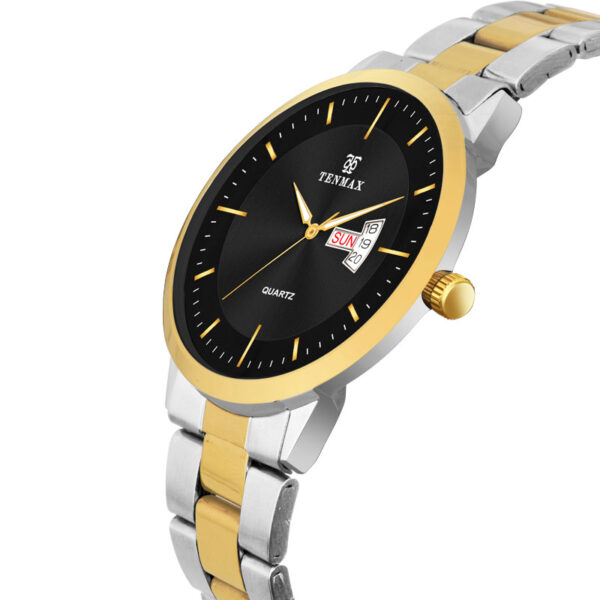 Tenmax BI-Tone Quartz 6111 Day Date Black Dial All Steel Analog Watch For Men