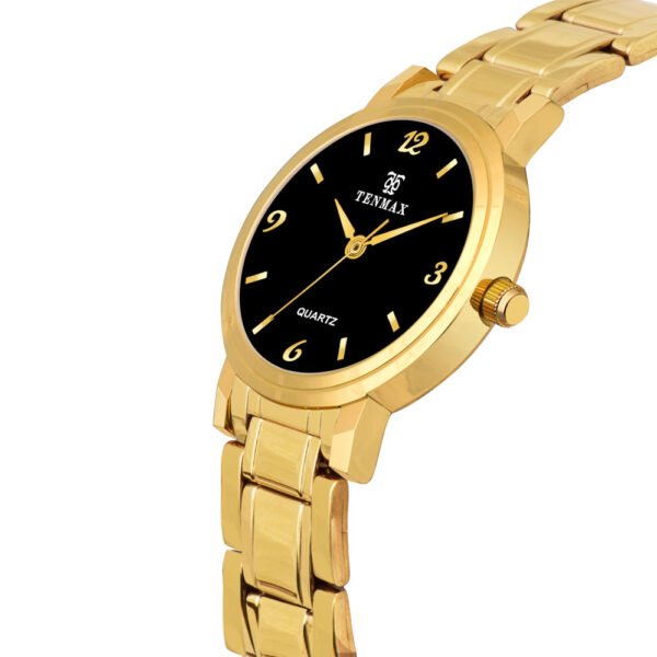 Tenmax Quartz 3016 Elegant Black Dial Analog Gold Watch For Women