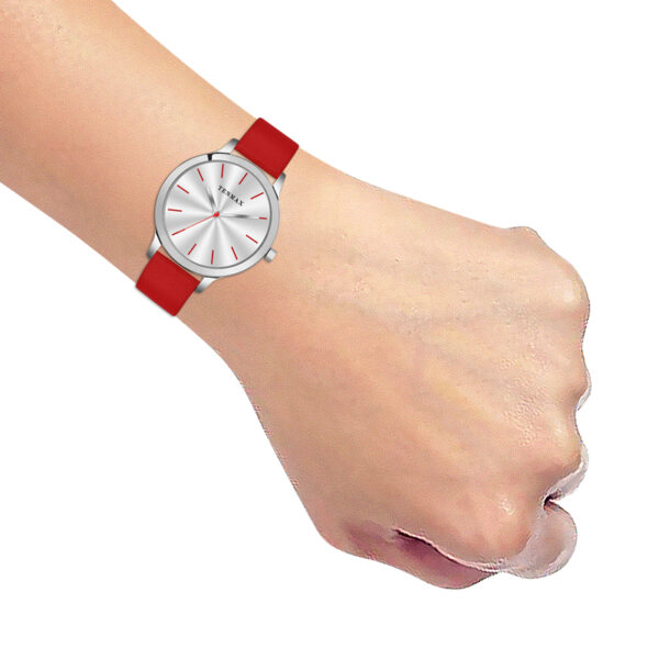 Tenmax Quartz 2199 Silver Dial Red Leather Analog Steel Watch For Girls