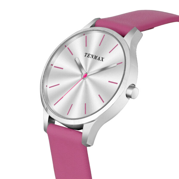 Tenmax Quartz 2199 Silver Dial Pink Leather Analog Steel Watch For Girls