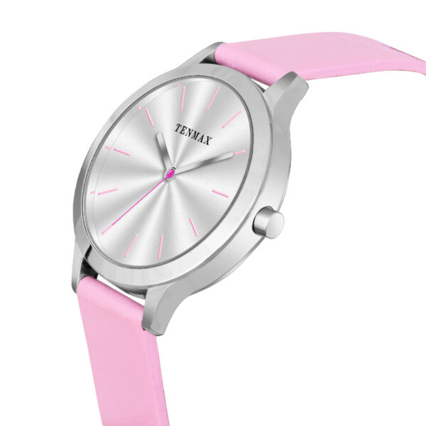Tenmax Quartz 2199 Silver Dial Light Pink Leather Analog Steel Watch For Girls