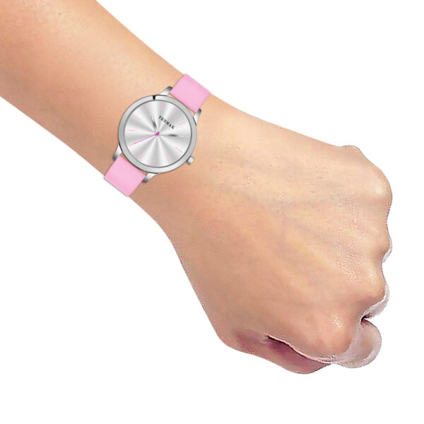 Tenmax Quartz 2199 Silver Dial Light Pink Leather Analog Steel Watch For Girls