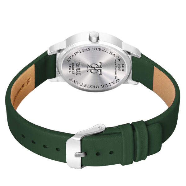 Tenmax Quartz 2154 Silver Dial Green Leather Analog Steel Watch For Girls