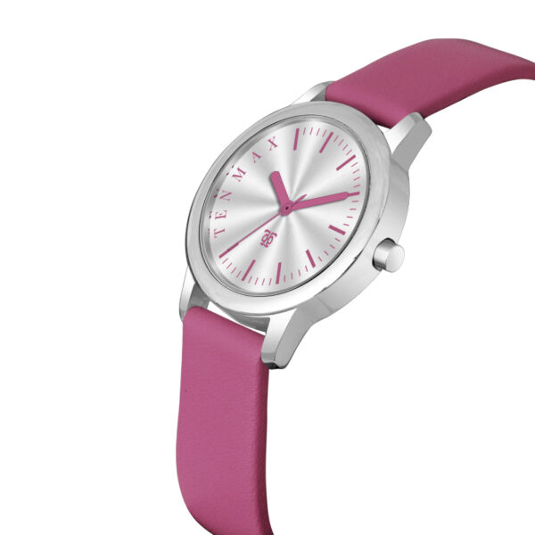 Tenmax Quartz 2154 Silver Dial Pink Leather Analog Steel Watch For Girls