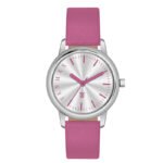 Tenmax Quartz 2154 Silver Dial Pink Leather Analog Steel Watch For Girls