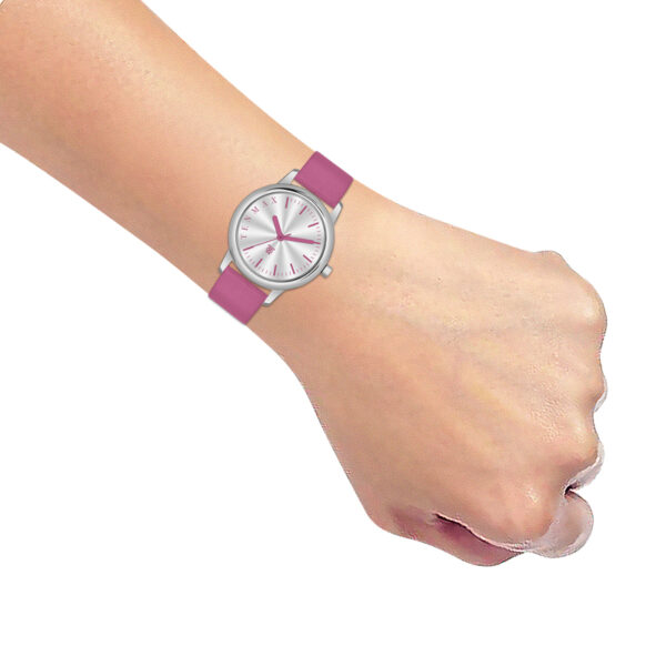 Tenmax Quartz 2154 Silver Dial Pink Leather Analog Steel Watch For Girls