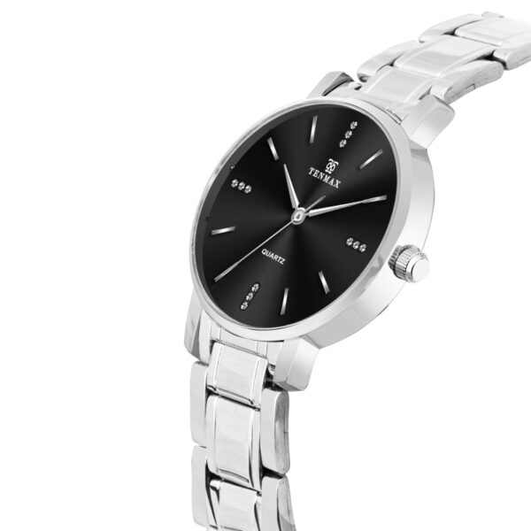 Tenmax Quartz 3055 Elegant Black Dial Analog Steel Watch For Women
