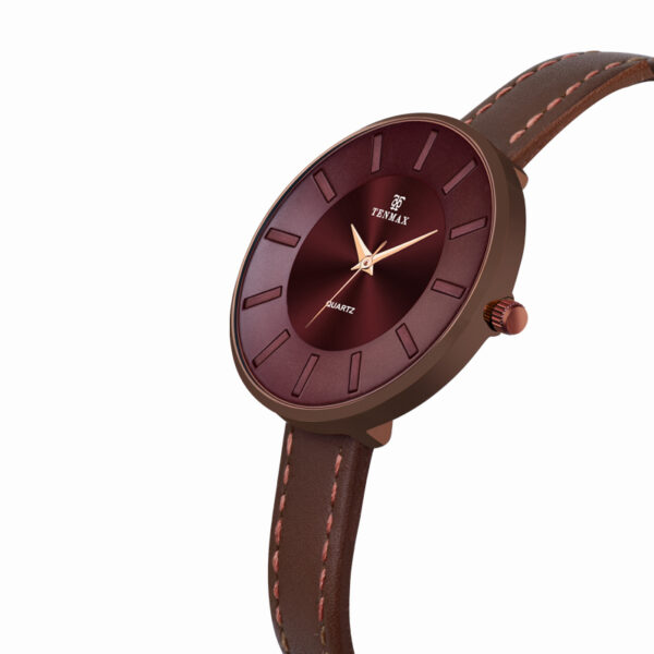 Tenmax Quartz 2188 Maroon Dial Brown Copper Leather Analog Watch For Women