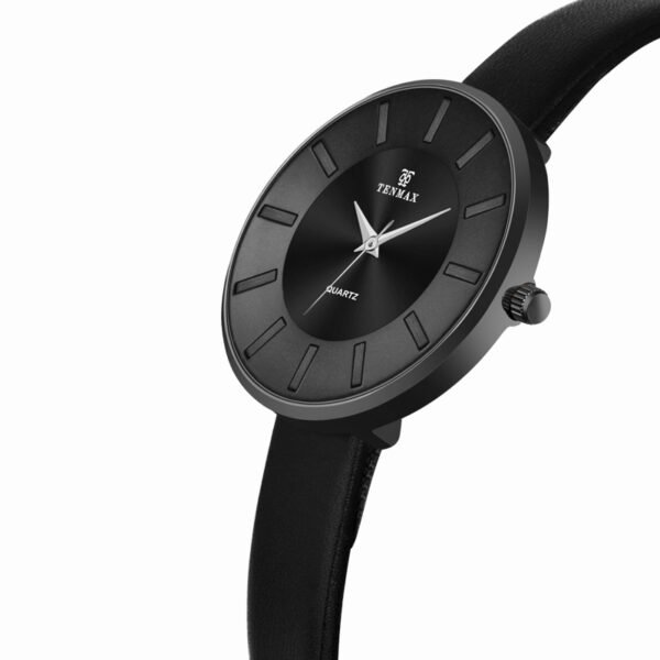 Tenmax Quartz D1091 Black Dial Black Leather Analog Watch For Women