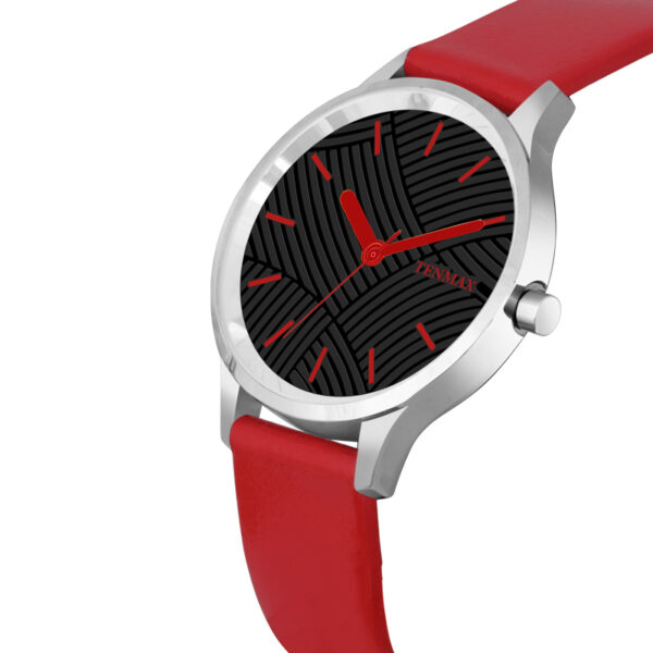 Tenmax OpalWrist Quarts 2121 Black Dial Red Leather Steel Analog Watch For Girls