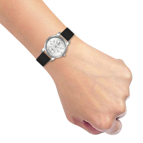 Tenmax OpalWrist Quarts 2170 Silver Dial Black Leather Steel Analog Watch For Girls