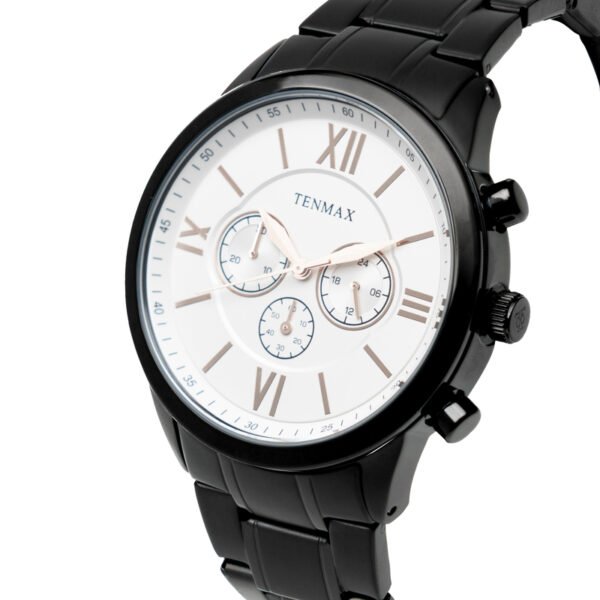 Tenmax Flynn 6120 Multi Function White Dial Black Chain Analog Watch For Men