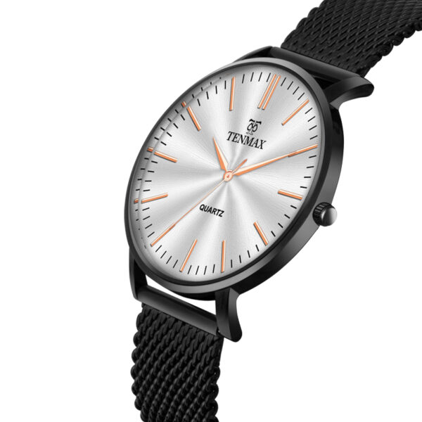 Tenmax Quartz Sleek I-127 Silver Dial Black Chain Analog Watch For Men