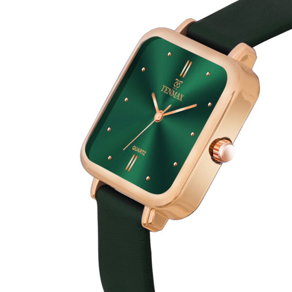 Tenmax Luxe Bloom Collection Quartz 1044 Green Dial Green Leather Rose Gold Analog Watch For Women