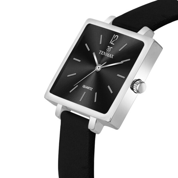 Tenmax Modern Mosaic Quartz 1041 Black Dial Black Leather Steel Analog Watch For Women