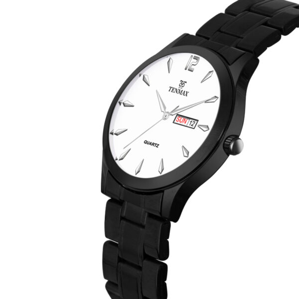 Tenmax Quartz 6117 Day Date White Dial Black Chain All Steel Analog Watch For Men