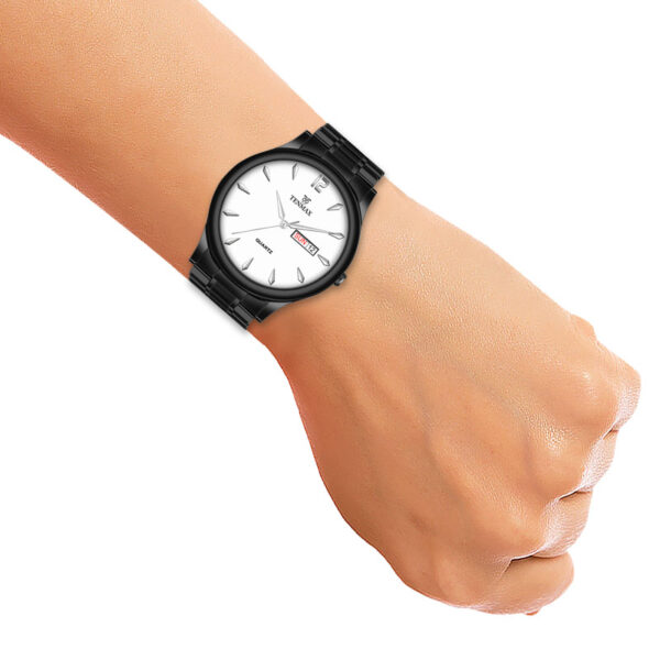 Tenmax Quartz 6117 Day Date White Dial Black Chain All Steel Analog Watch For Men