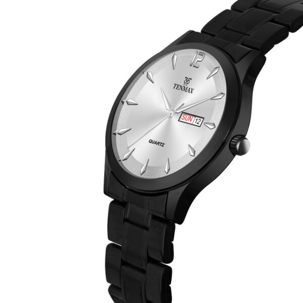 Tenmax Quartz 6117 Day Date Silver Dial Black Chain All Steel Analog Watch For Men