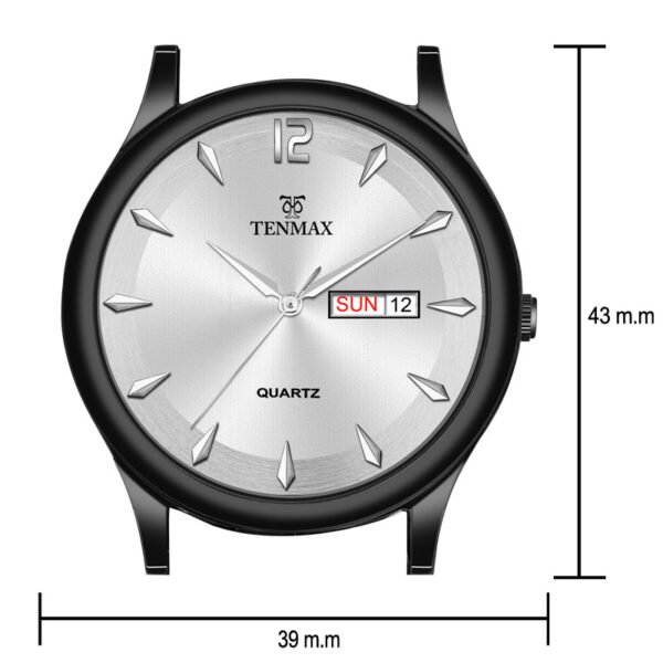 Tenmax Quartz 6117 Day Date Silver Dial Black Chain All Steel Analog Watch For Men