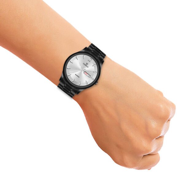 Tenmax Quartz 6117 Day Date Silver Dial Black Chain All Steel Analog Watch For Men