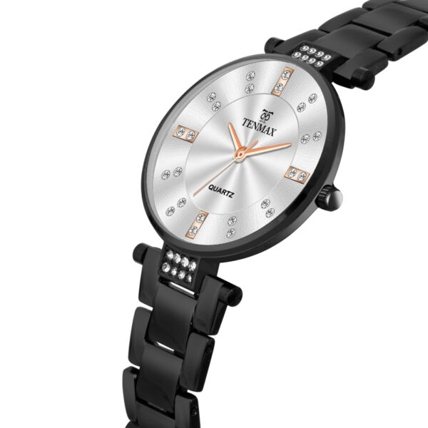 Tenmax Quartz D-13 Silver Dial Black Chain Analog Watch For Women