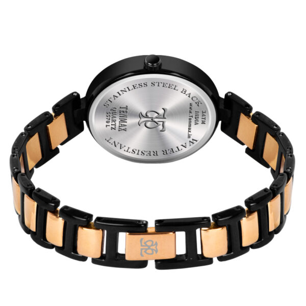 Tenmax Quartz Ceramic 5570 Pure White Dial Black Rose Gold Chain Analog Watch For Women