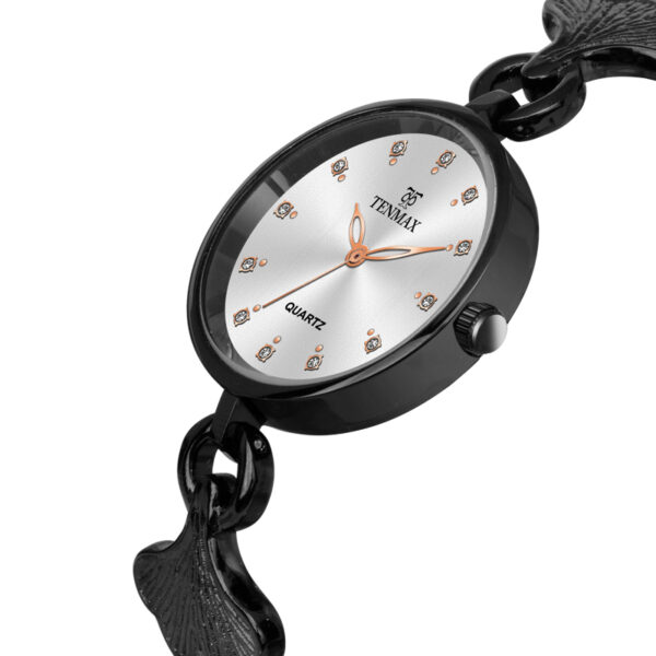 Tenmax Quartz D'ziner 5924 Sliver Dial Black Chain Analog Watch For Women