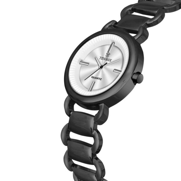 Tenmax Steeluxe Quartz Analog F027 Silver Dial Black Metal Watch For Girls