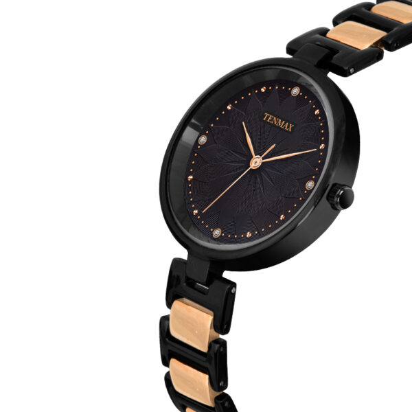 Tenmax Quartz Ceramic 5570 Black Dial Black Rose Gold Chain Analog Watch For Women