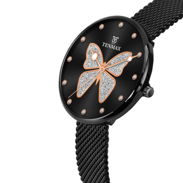 Tenmax Strand Quartz Glitter Butterfly 1054 Black Dial Black Metal Analog Watch For Women